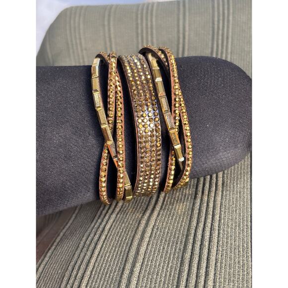 Women's Layered Leather Bracelet with Gold Rhinestones Y2K BOHO Glam Retro - Picture 1 of 9